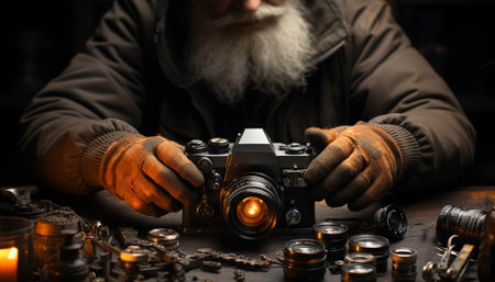 Old man with camera, expertly photographing, showcasing creativity and skill generated by artificial intelligenceの素材