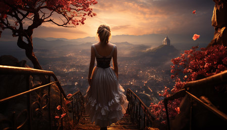 Young woman in a dress admiring the sunset on a mountain generated by artificial intelligenceの素材