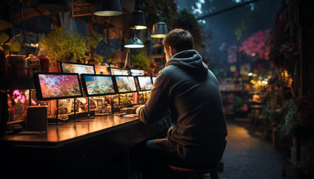 A young adult businessman working on a computer indoors at night generated by artificial intelligenceの素材