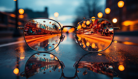Reflection of city life at dusk, sunglasses illuminate the night generated by artificial intelligenceの素材
