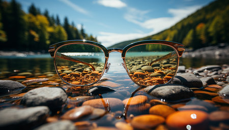 Sunglasses reflect nature beauty, outdoors, and tranquil scenes in summer generated by artificial intelligenceの素材
