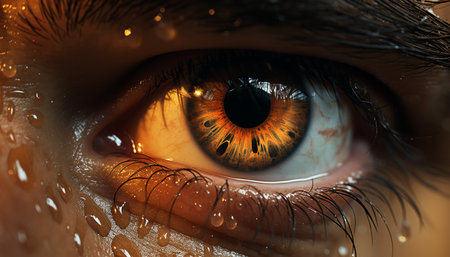 Close up of a woman eye, looking at camera, reflecting beauty generated by artificial intelligenceの素材