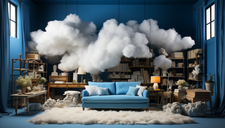 Modern apartment with cozy bedroom, blue sofa, and snowy window generated by artificial intelligenceの素材