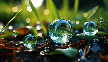 Fresh green leaf reflects dew, nature vibrant, transparent, shiny sphere generated by artificial intelligenceの素材