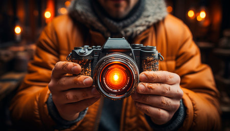 A man photographing outdoors with a camera and tripod generated by artificial intelligenceの素材