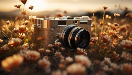 Photographer captures old fashioned beauty in nature with antique camera generated by artificial intelligenceの素材