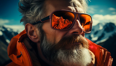 A confident man with a beard and sunglasses hiking outdoors generated by artificial intelligenceの素材