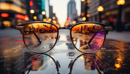 Sunglasses reflect city life, close up outdoors, fashion glass material generated by artificial intelligenceの素材