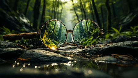 A person looking through sunglasses, enjoying nature summer beauty generated by artificial intelligenceの素材