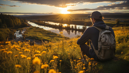 A man hiking in nature, enjoying the peaceful mountain landscape generated by artificial intelligenceの素材