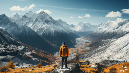 A lone hiker conquers the majestic mountain peak with determination generated by artificial intelligenceの素材