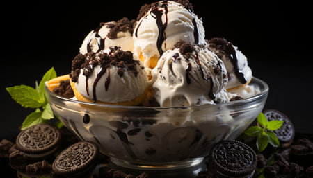 A bowl of gourmet ice cream with fresh fruit and sauce generated by artificial intelligenceの素材