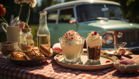 Summer picnic gourmet meal, refreshing drinks, sweet desserts, fresh fruit generated by artificial intelligenceの素材