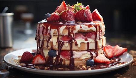 Freshness and sweetness on a plate, homemade gourmet berry dessert generated by artificial intelligenceの素材
