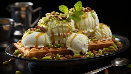 Freshness and indulgence on a plate homemade gourmet ice cream generated by artificial intelligenceの素材