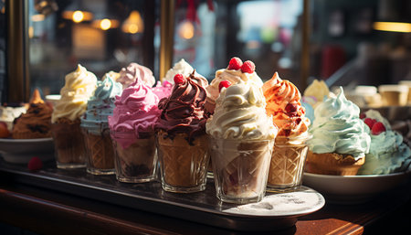 Ice cream sundae on a table, a sweet summer indulgence generated by artificial intelligenceの素材