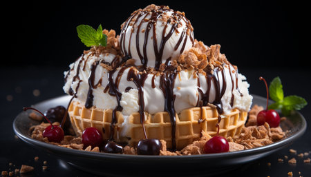 dessert food with gourmet chocolate, sweet food, fruit, freshness, cream, indulgence, plate generated by artificial intelligenceの素材