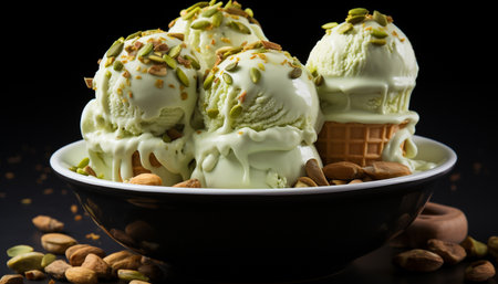 Homemade ice cream bowl, a sweet, refreshing summer indulgence generated by artificial intelligenceの素材