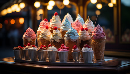 A colorful, indulgent dessert table with sweet treats and decorations generated by artificial intelligenceの素材