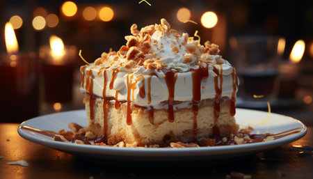 A decadent slice of chocolate cheesecake on a festive plate generated by artificial intelligenceの素材