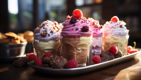 Raspberry dessert, gourmet food, sweet fruit, chocolate freshness, strawberry close up generated by artificial intelligenceの素材