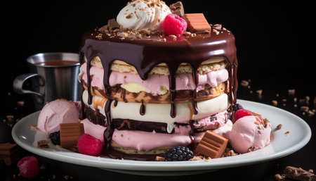 Gourmet chocolate cake slice with fresh berries on a plate generated by artificial intelligenceの素材