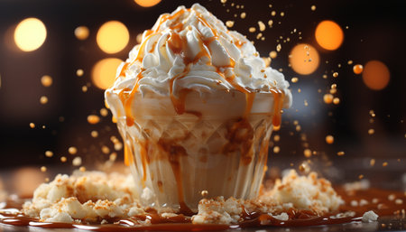 Sweet dessert melts on wooden table, creating indulgent summer refreshment generated by artificial intelligenceの素材