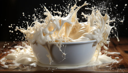 Freshness splashing, dessert flour milk sweet food bowl gourmet liquid cream generated by artificial intelligenceの素材