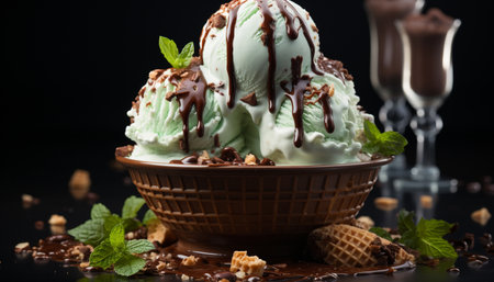 Indulgent gourmet dessert chocolate ice cream sundae with fresh fruit generated by artificial intelligenceの素材