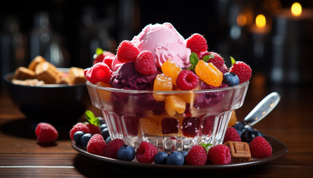 Freshness and sweetness in a bowl of homemade berry ice cream generated by artificial intelligenceの素材