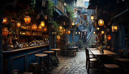 Nighttime city life illuminated by lanterns, a bar wooden table generated by artificial intelligenceの素材