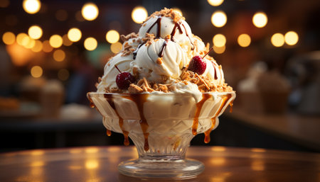 Indulgent gourmet dessert creamy ice cream, chocolate sauce, fresh fruit generated by artificial intelligenceの素材