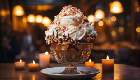 Indulgent gourmet dessert chocolate ice cream sundae with whipped cream generated by artificial intelligenceの素材