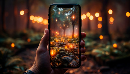 Hand holding mobile phone, photographing Christmas decoration, glowing Christmas lights generated by artificial intelligenceの素材