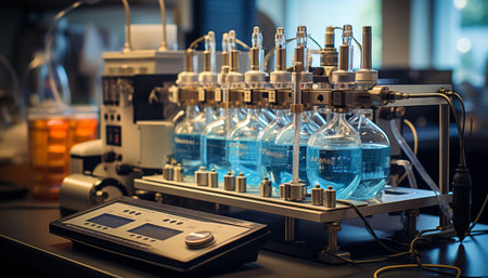 Scientist working in laboratory analyzing liquid discovery generated by artificial intelligenceの素材