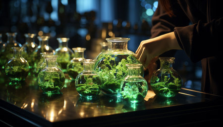 Scientist analyzing liquid in laboratory flask, discovering scientific experiment results generated by artificial intelligenceの素材