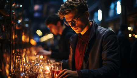 A young man enjoys nightlife at a bar, holding a drink generated by artificial intelligenceの素材