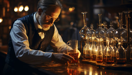 A mature businessman sitting at a bar, holding a whiskey generated by artificial intelligenceの素材