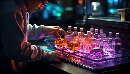 Scientist analyzing liquid concentration in a dark laboratory at night generated by artificial intelligenceの素材