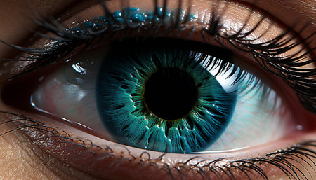 Close up of a blue iris, watching, reflecting beauty and health generated by artificial intelligenceの素材