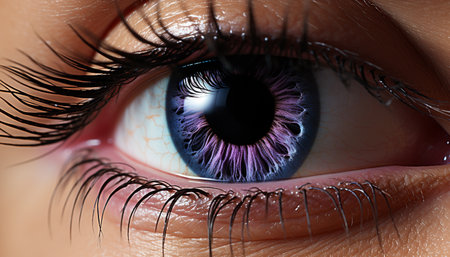 Close up of a blue iris, a captivating and vibrant beauty generated by artificial intelligenceの素材