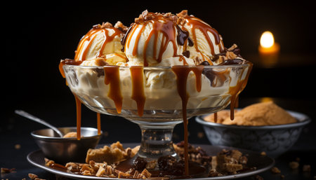 Homemade chocolate ice cream sundae on wooden bowl with caramel generated by artificial intelligenceの素材