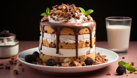 Gourmet chocolate dessert with fresh fruit, cream, and mint leaf generated by artificial intelligenceの素材