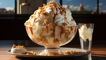 Freshness and indulgence in a gourmet ice cream sundae dessert generated by artificial intelligenceの素材
