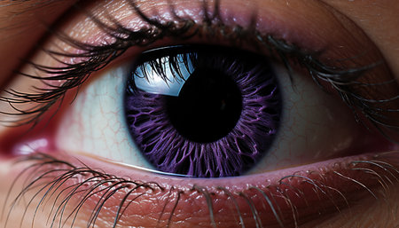 Close up of a blue iris, a beautiful reflection of human eyes generated by artificial intelligenceの素材