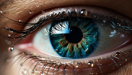 A close up of a young woman blue eye, looking at camera generated by artificial intelligenceの素材