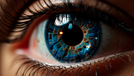 Blue iris, close up, beauty in human eye generated by artificial intelligenceの素材