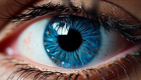 Close up of a human eye, looking at camera with blue iris generated by artificial intelligenceの素材