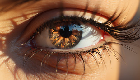 Close up of a young woman blue eye, looking at camera generated by artificial intelligenceの素材