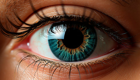 Close up of a woman blue eye, looking into the camera generated by artificial intelligenceの素材